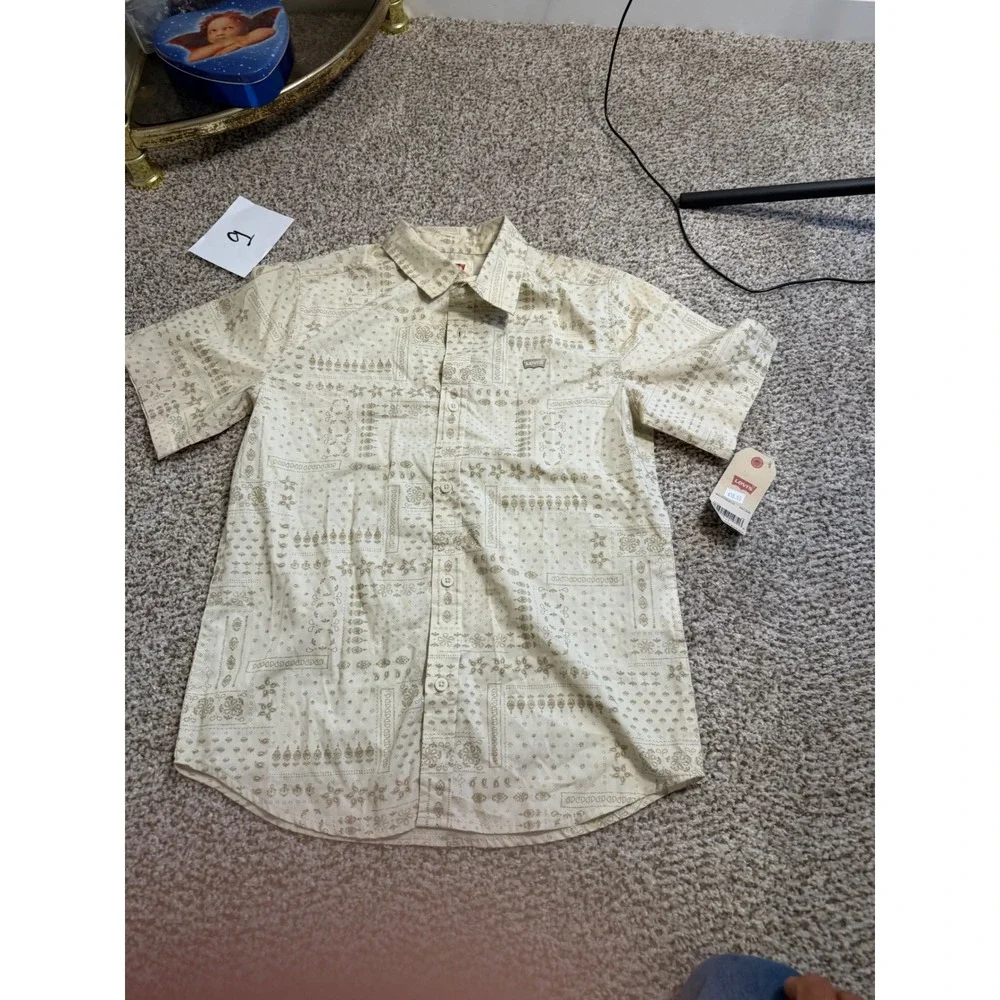 Levis Boys Large 12-13 Tan Bandana Patchwork Short Sleeve Button Down Shirt NWT